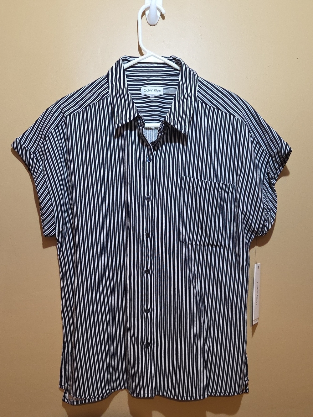Calvin Klein Women's  Black and White Vertical-Stripe Short Sleeve Shirt